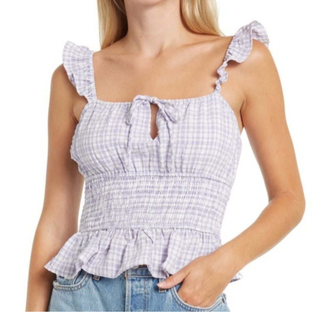 Anthropologie Top Blouse Maeve Peplum Smocked Pink Gingham Tank Wayf Pilcro